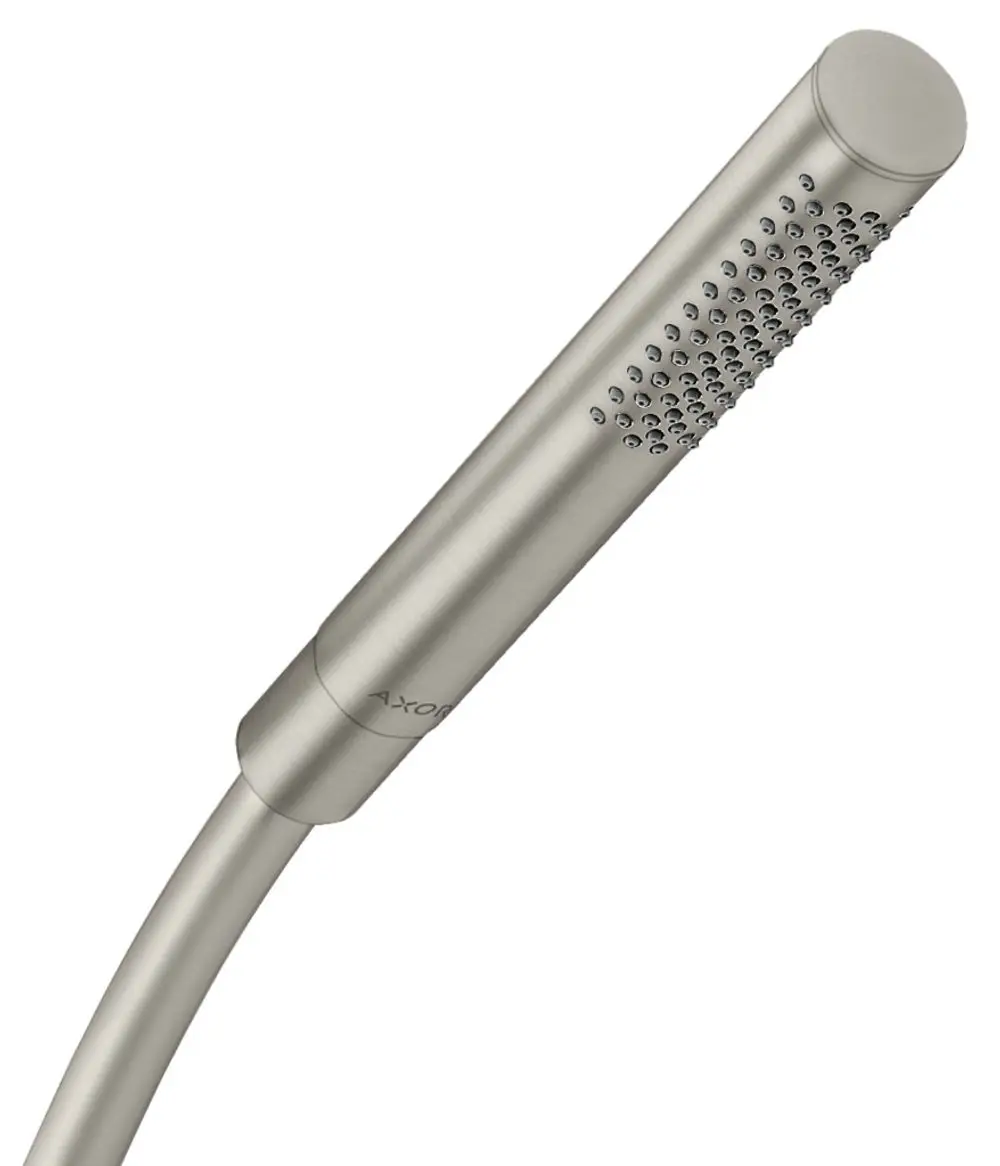 Handbrause aus Edelstahl mit dezentralem Wasserauslass, gezeichnet durch eine moderne Form, hergestellt von AXOR.